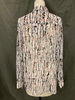CARVEN, White, Black, Red, Polyester, Abstract , Lava Like Pattern, Sheer, Button Front, Collar Attached, Long Sleeves, Button Cuff