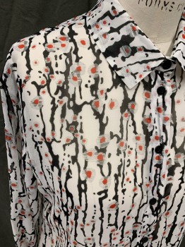 CARVEN, White, Black, Red, Polyester, Abstract , Lava Like Pattern, Sheer, Button Front, Collar Attached, Long Sleeves, Button Cuff