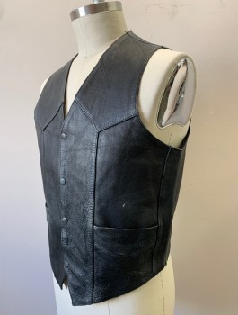 Mens, Leather Vest, NEW AGE COLLECTION, Black, Leather, Solid, Logo , 44, Biker Vest, Snap Front, V-neck, Western Style Yoke, Large "BURNING BASTARDS" Graphic Patch in Back with Red and Ochre Winged Skulls