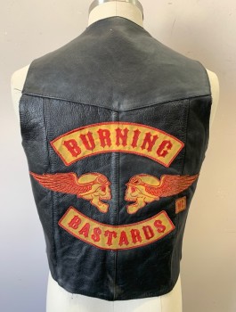 Mens, Leather Vest, NEW AGE COLLECTION, Black, Leather, Solid, Logo , 44, Biker Vest, Snap Front, V-neck, Western Style Yoke, Large "BURNING BASTARDS" Graphic Patch in Back with Red and Ochre Winged Skulls