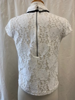ALICE & OLIVIA, White, Cotton, Nylon, Collar Attached with Black Velvet Bow, White Lace All Over, Black Lace Trim, Cap Sleeve, Zip Back,