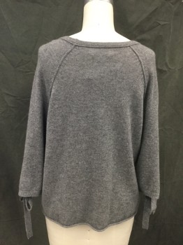 VELVET, Heather Gray, Cashmere, Ribbed Knit Boat Neck, 3/4 Sleeve with Ribbon Tie Cuff Detail, External Raglan Sleeve Seams, Rolled Hem