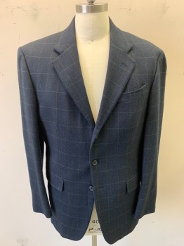 GIANPAULO, Navy Blue, Burnt Orange, Dk Green, Wool, Plaid-  Windowpane, Button Front, 3 Buttons, 3 Pockets, Notched Lapel, 3 Button Sleeves, No Vent
