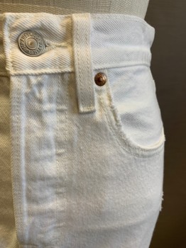 Womens, Skirt, Mini, LEVI'S, White, Cotton, Solid, W 24, 5 Pockets, Button Fly and Closure, Belt Loops, Several Holes, Big Hole Under Right Pocket *Aged/Distressed and Hemmed to Be Shorter*