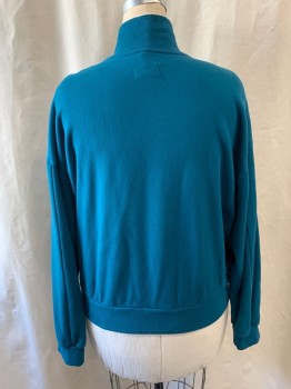 Womens, Pullover, LOU GREY, Teal Blue, Cotton, Solid, L, Turtleneck, Half Zip Front, Rib Knit Collar, Cuffs, & Waist