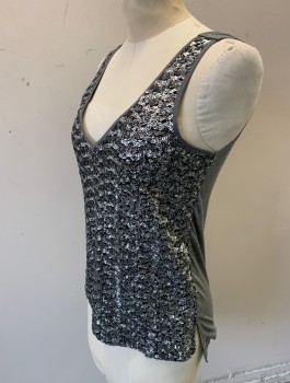 Womens, Top, BANANA REPUBLIC, Silver, Gray, Sequins, Polyester, Petite, XS, Sleeveless, Front is Covered in Sequins, Back is Gray Jersey, V-neck, Pullover