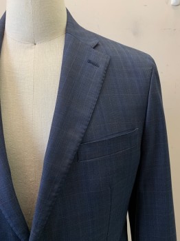 Mens, Suit, Jacket, SAKS 5TH AVENUE, Navy Blue, Gray, Blue, Wool, Plaid, 42L, 2 Buttons, Single Breasted, Notched Lapel, 3 Pockets