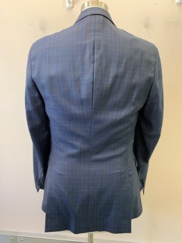 Mens, Suit, Jacket, SAKS 5TH AVENUE, Navy Blue, Gray, Blue, Wool, Plaid, 42L, 2 Buttons, Single Breasted, Notched Lapel, 3 Pockets