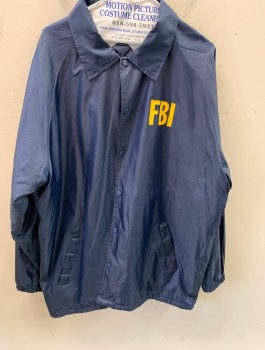 Unisex, Jacket, Windbreaker, FIRST CLASS , Navy Blue, Nylon, Solid, XL, Collar Attached, Snap Front  " FBI" Logo Left Hand Side  & Back