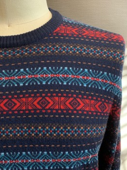 Mens, Pullover Sweater, BROOKS BROTHERS, Navy Blue, Red, Orange, Teal Blue, Brown, Wool, Geometric, Stripes, L, Crew Neck, Long Sleeves