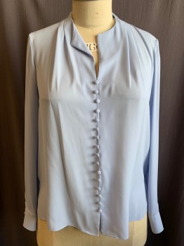 Womens, Blouse, CALVIN KLEIN, Baby Blue, Polyester, Solid, XL, Pullover, Crepe, Fabric Covered Faux Button Front, V-neck, Pleated at Shoulders, Long Sleeves, Button Cuff, Gathered at Back Neck