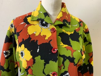 N/L, Green, Yellow, Black, Rust Orange, Polyester, Floral, Long Sleeves, Button Front, 1 Pocket, Pointy Shawl Collar
