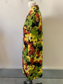 N/L, Green, Yellow, Black, Rust Orange, Polyester, Floral, Long Sleeves, Button Front, 1 Pocket, Pointy Shawl Collar