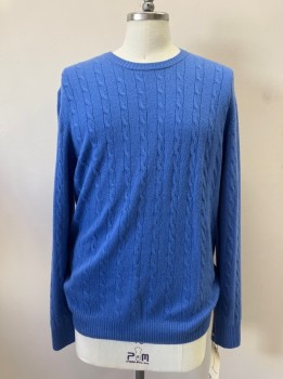 Mens, Pullover Sweater, ALAN FLUSSER, Blue, Cashmere, Solid, Cable Knit, L, L/S, CN,