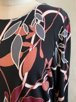 Womens, Top, ALFANI, Black, Red Burgundy, White, Gray, Pink, Polyester, Spandex, Floral, 1X, Scoop Neck, 3/4 Sleeve, Asymmetrical Hem with Zipper Detail