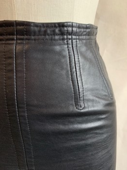 JEAN MUIR, Black, Leather, Solid, Knee Length, Pencil Skirt