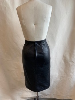 JEAN MUIR, Black, Leather, Solid, Knee Length, Pencil Skirt