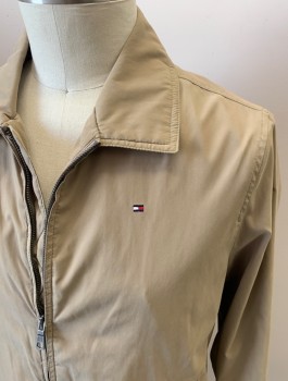 Mens, Casual Jacket, TOMMY HILFIGER, Khaki Brown, Polyester, Nylon, Solid, L, Zip Front, Welt Pockets, Large Locker Loop With Logo Embroidery