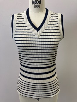 NL, Beige, Navy Blue, Rayon, Stripes - Horizontal , Ribbed, V-N, Zip Back, Navy & Beige Stripe On Neckline & Armholes