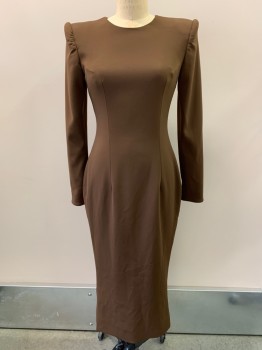 SERGIO HUDSON, Brown, Polyester, Solid, L/S, Crew Neck, Non-stretch, Zippers On Sleeves, Back Zipper, Shoulder Pads, Back Slit