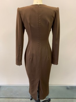 SERGIO HUDSON, Brown, Polyester, Solid, L/S, Crew Neck, Non-stretch, Zippers On Sleeves, Back Zipper, Shoulder Pads, Back Slit