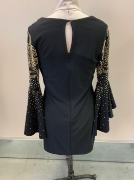Womens, Cocktail Dress, BETSY & ADAM, Black, Polyester, Spandex, 12, All Over Gold Beading, V-N, Long Bell Ruffle Sleeves, Key Hole Back, Hem At Knee