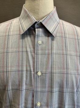 Mens, Casual Shirt, CALVIN KLEIN, Gray, Navy Blue, White, Red, Cotton, Plaid, 32/33, 17, L/S, Button Front, Collar Attached,