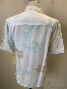 CUBAVERA, White, Aqua Blue, Khaki Brown, Linen, Rayon, Floral, Embroidered Self Stripe Front, Short Sleeves, Button Front, Collar Attached,