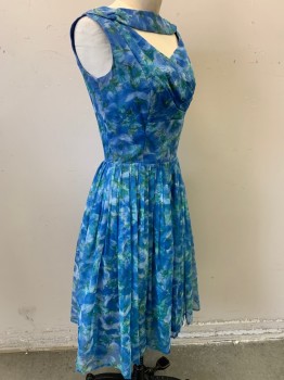 N/L, Blue, Green, Lt Blue, Lt Gray, Polyester, Floral, Sleeveless, Pleated Triangle Keyhole Neck, V-back, Back Zip, Pleated Skirt,