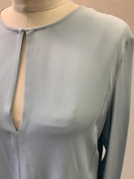 Womens, Blouse, THEORY, Ice Blue, Silk, Solid, S, L/S, High Low Curved Hem, Hook Front With Keyhole, Split Back