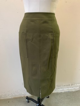 Womens, Skirt, Below Knee, M&S COLLECTION, Olive Green, Polyester, Viscose, Solid, W:32, Sz.10, H:40, Pencil Fit, 2" Wide Self Waistband, 2 Patch Pockets at Hips, Vent at Center Front Hem, Exposed Gold Zipper at Center Back Waist