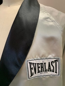 Unisex, Boxing Robe, EVERLAST, Silver, Black, Polyester, Solid, L, Satin, Black Constrast Shawl Lapel and Cuffs, Everlast Logo Patch on Chest, Upper Sleeves, and Back, **Missing Belt
