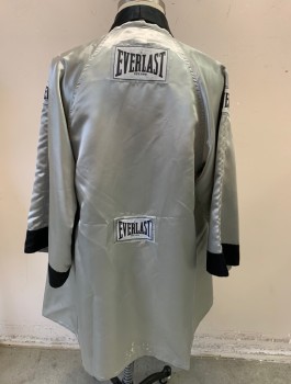 Unisex, Boxing Robe, EVERLAST, Silver, Black, Polyester, Solid, L, Satin, Black Constrast Shawl Lapel and Cuffs, Everlast Logo Patch on Chest, Upper Sleeves, and Back, **Missing Belt
