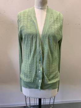 Womens, Cardigan Sweater, ELIE TAHARI, Lt Green, Cotton, Solid, S, V-N, Button Front, Netted Lining