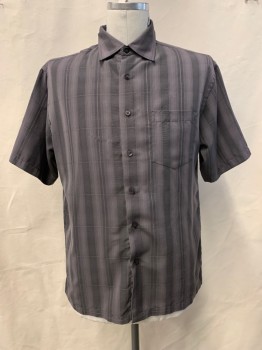 MICHAEL BRANDON, Dk Gray, Gray, Polyester, Stripes, S/S, Button Front, Collar Attached, Chest Pocket, Damaged Textile