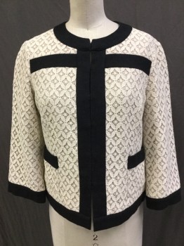 Womens, Blazer, TABITHA, Cream, Putty/Khaki Gray, Black, Cotton, Wool, Novelty Pattern, Solid, B34, S, Novelty Cream Lace Over Putty Base with Black Wool Trim at Crew Neck, Center Front, Hemline and Cuffs As Well As Pocket Trim. Bolero Cut, Hook and Eye Closure at Center Front,