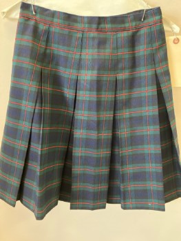 DENNIS, Forest Green, Navy Blue, Red, Wool, Polyester, Plaid, Side Zip, Drop Pleated, Knee Length