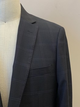 MANTONI, Charcoal Gray, Blue, Red Burgundy, Wool, Grid , 2 Buttons, Single Breasted, Notched Lapel, 3 Pockets,