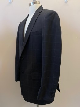 MANTONI, Charcoal Gray, Blue, Red Burgundy, Wool, Grid , 2 Buttons, Single Breasted, Notched Lapel, 3 Pockets,