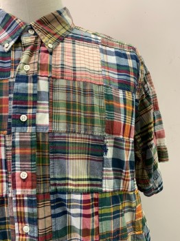RALPH LAUREN, Navy Blue, Red, Green, Beige, Multi-color, Cotton, Plaid, S/S, Button Front, Collar Attached,