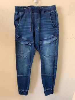 Mens, Casual Pants, ZARA, Denim Blue, Cotton, Polyester, Solid, L, Elastic Waist Band, F.F, Side And Front Thigh Pockets, D String,