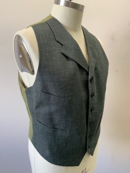 SIAM COSTUMES, Forest Green, Ecru, Wool, Heathered, Cross Hatched Streaked Pattern, 6 Buttons, Notched Lapel, 4 Welt Pockets, Cream Striped Lining, Sage Green Solid Back with Belt at Back Waist, Made To Order