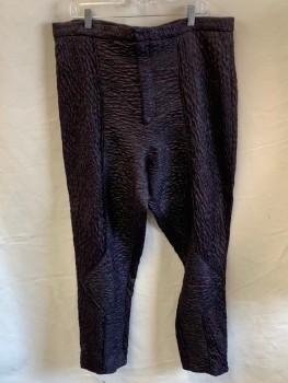 Mens, Sci-Fi/Fantasy Pants, MTO, Maroon Red, Black, Charcoal Gray, Synthetic, Elastane, Abstract , Textured Fabric, 39/31, Zip Front, Piping Down Center Of Leg with V At Knee, Fabric In Front Split Vertical One Side/ Horizontal On Other