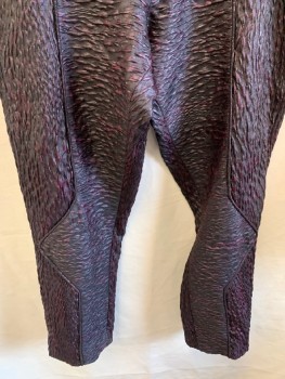 Mens, Sci-Fi/Fantasy Pants, MTO, Maroon Red, Black, Charcoal Gray, Synthetic, Elastane, Abstract , Textured Fabric, 39/31, Zip Front, Piping Down Center Of Leg with V At Knee, Fabric In Front Split Vertical One Side/ Horizontal On Other