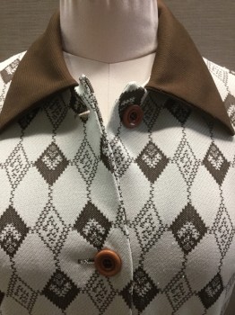 N/L, Ecru, Brown, Polyester, Diamonds, 2 PC (dress & Belt)  Ecru W/solid brown & Brown Zig-zag Diamond Print, Large Solid Brown Collar Attached, & Matching Brown Belt, Light Brown Button Front, Short Sleeves,