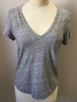 Womens, Top, GAP, Heather Gray, Black, Cotton, Polyester, Heathered, Speckled, S, Heather Gray with Black Speckled, Large V-neck, 1 Pocket, Cap Sleeves,