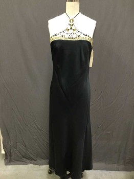 Womens, Cocktail Dress, NICOLE MILLER, Black, Cream, Gold, Silk, Solid, Floral, 4, Bias, Halter, Mid Calf Length, Floral Embroidery, At Neckline