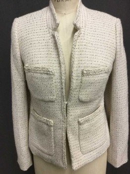Womens, Blazer, J CREW, Ecru, Gold, Polyester, Acrylic, Tweed, 2, Single Breasted, 2 Hook & Eyes, 4 Patch Pockets, Stand Collar, Chanel Style