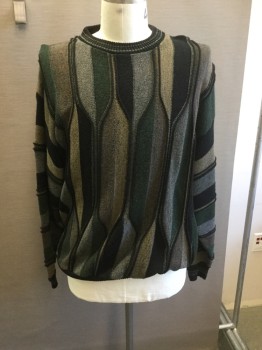Mens, Pullover Sweater, PROTEGE, Black, Green, Taupe, Gray, Acrylic, Abstract , 2XL, Crew Neck , Staiched Detail