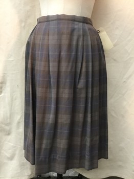 MTO, Dusty Lavender, Tobacco Brown, Gray, Polyester, Plaid, Pleated Front, Elastic Back Waistband, Button Back, Below Knee,